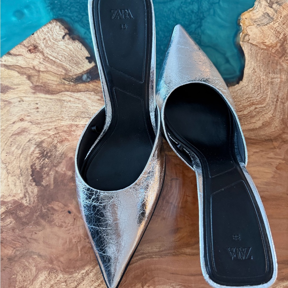 Zara Metallic Silver Pointed Mules